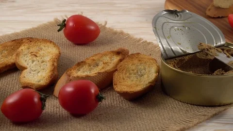Fresh pate with bread on wooden table Stock-Footage 74720745