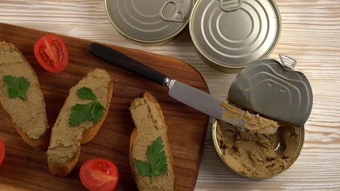 Fresh pate with bread on wooden table Video stock 74768663