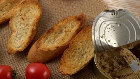 Fresh pate with bread on wooden table Video stock 74800269