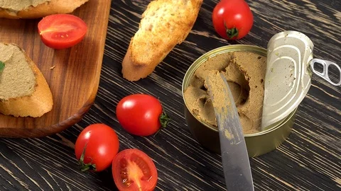 Fresh pate with bread on wooden table Stock Footage 74805101