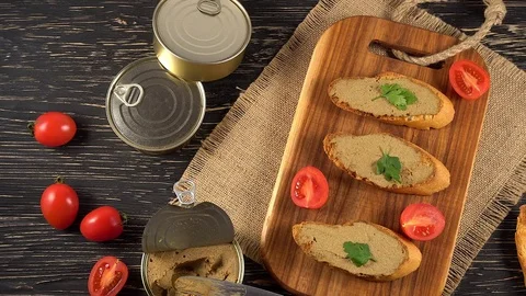 Fresh pate with bread on wooden table Stock Footage 74806142
