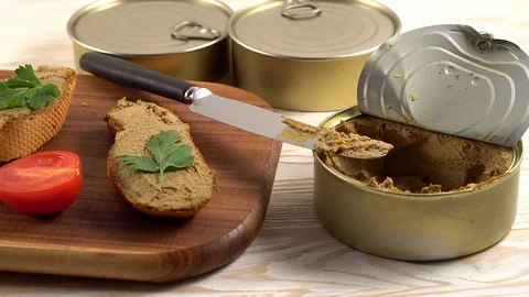 Fresh pate with bread on wooden table Video stock 74806783
