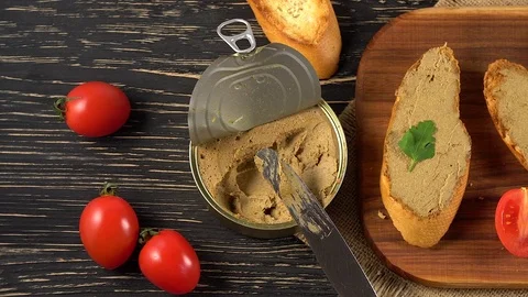 Fresh pate with bread on wooden table Stock Footage 74915806