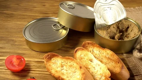 Fresh pate with bread on wooden table Stock Footage 74969604