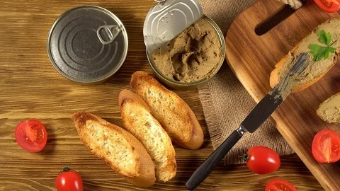 Fresh pate with bread on wooden table Stock Footage 74969980