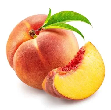 Fresh peach with leaf and slice on white background Stock Photos