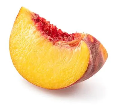 Fresh peach slice with red and yellow skin on white background Stock Photos