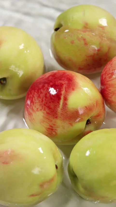 Fresh Peaches Soaking in Clear Water Close Up Stock Footage 340371380