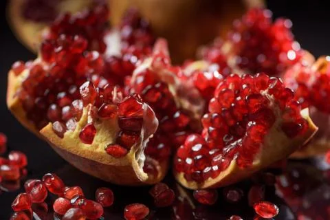 Fresh peeled pomegranates with ruby red beans on reflective surface Foto stock