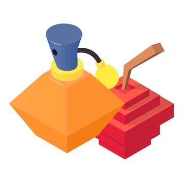 Fresh perfume icon isometric vector. Bottle of perfume and red retro pixel apple Stock-Illustration
