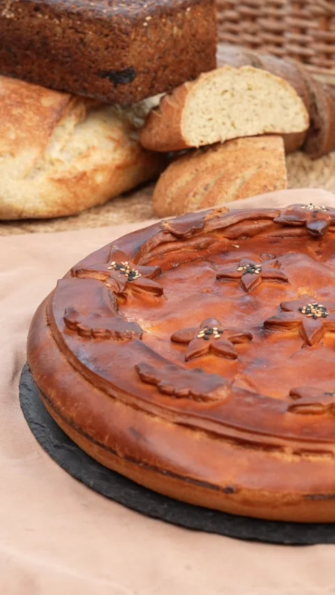 Fresh pie and bread vertical video Stock Footage 261250375