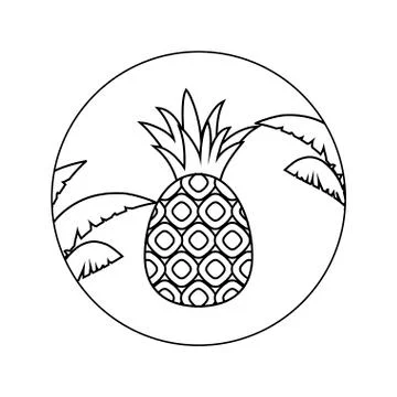 Fresh pineapple in frame circular with leafs tropicals 스톡 일러스트
