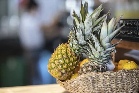 Fresh pineapples on the table Stock Photos