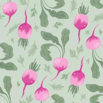 Fresh pink radish seamless pattern with leaves Stock Illustration