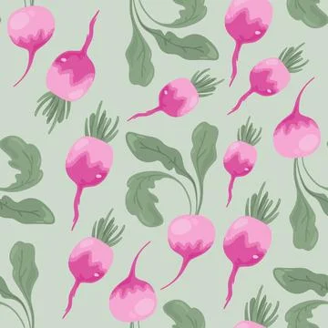 Fresh pink radish seamless pattern with leaves Stock Illustration