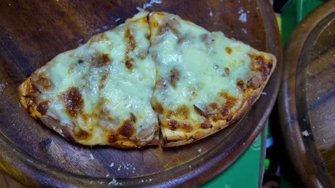 Fresh Pizza with Melted Cheese and Ham at Thai Food Market 스톡 동영상 342500169