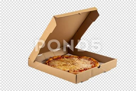 Fresh pizza in open cardboard box isolated, cheesy pizza with steam rising PSD Template