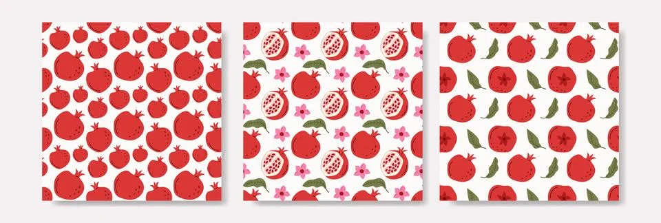 Fresh Pomegranate Fruit Vector Seamless Pattern Set Illustration イラスト素材