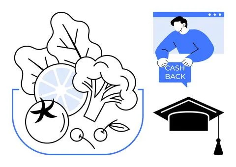 Fresh Produce with Cash Back and Graduation Cap Idea for Support Programs Illustrazione stock