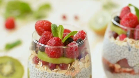 Fresh pudding chia with fruits Stock Footage 73572890