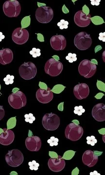 Fresh purple plum seamless pattern with white cherry blossom on black backgro Illustrazione stock