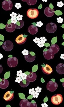 Fresh purple plum seamless pattern with white cherry blossom on black backgro Illustrazione stock