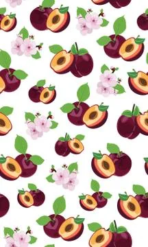 Fresh purple plum seamless pattern with pink cherry blossom on white backgrou 스톡 일러스트