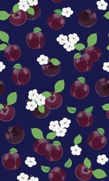 Fresh purple plum seamless pattern with white cherry blossom on blue backgrou Illustrazione stock