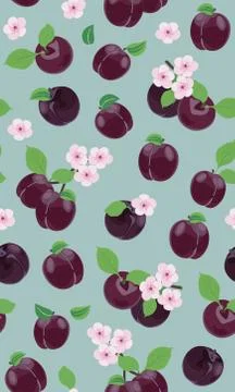 Fresh purple plum seamless pattern with pink cherry blossom on green backgrou Stock Illustration