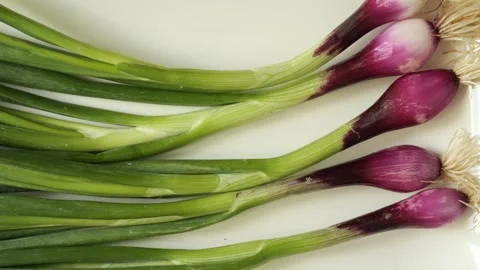 Fresh purple spring onions on white background Stock Footage 339367028