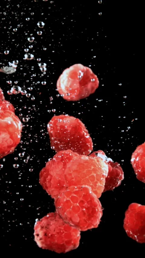 Fresh raspberries fall underwater with bubbles. Filmed is slow motion 1000 fps Stock Footage 335292239