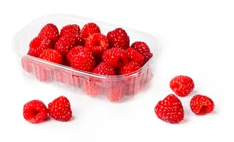 Fresh raspberry from forest in plastic container Stock Photos