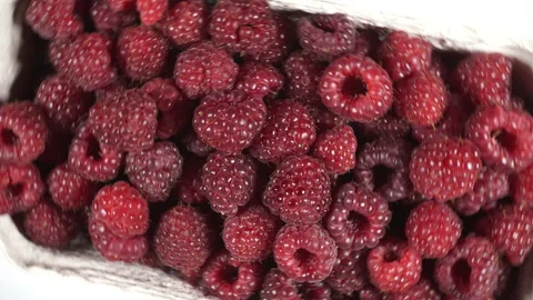 Fresh raspberry fruits rotating on white, top down view Stock Footage 94888985