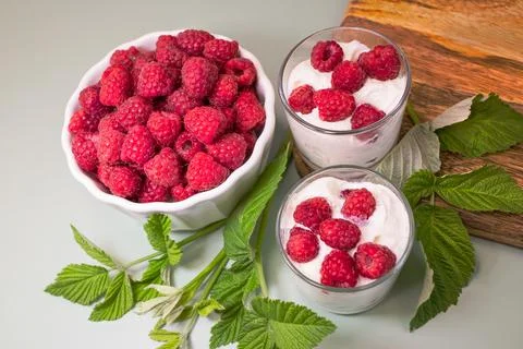 Fresh raspberry in a white plate Stock Photos