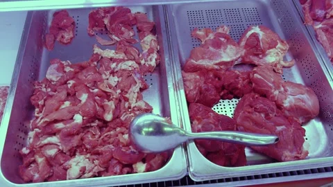 Fresh raw beef and pork cuts displaying in stainless steel trays with a serving Stock Footage 344431988