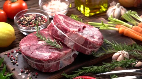 Fresh raw beef meat on a cutting board Stock Footage 152751295