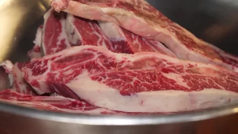 Fresh Raw Bone-In Beef Short Ribs in a Metal Bowl 스톡 동영상 332814401