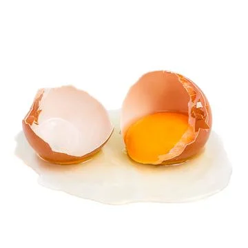 Fresh raw broken egg on white Foto stock