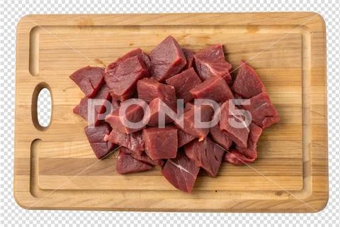 Fresh raw diced red meat on rustic wooden cutting board PSD Template