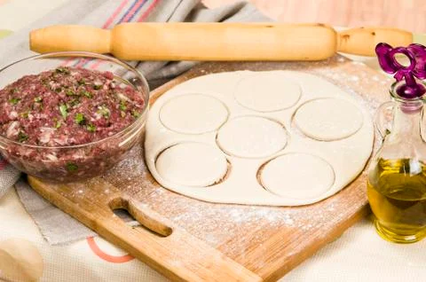 Fresh raw dough and beef forcemeat Foto stock