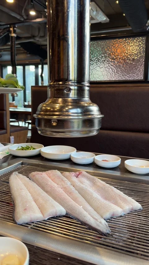 Fresh Raw Eel Fillets Cooking on Charcoal Grill Stock Footage 337567007