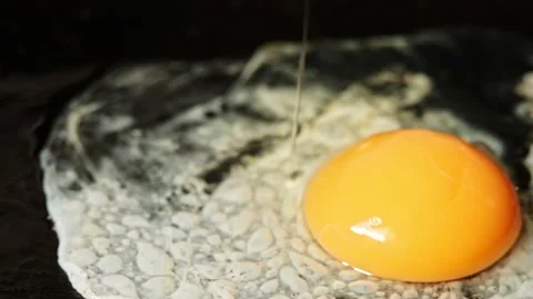 Fresh raw egg falls on top of black hot piece of butter and begins to fry. Close Stock Footage 247177199