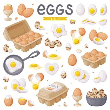 Fresh Raw Eggs and Cooked Boiled with Yellow Yolk Vector Set Stock Illustration