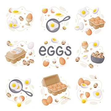 Fresh Raw Eggs and Cooked Boiled with Yellow Yolk Vector Composition Set Stock Illustration