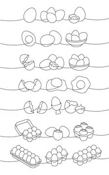 Fresh raw eggs set one line continuous drawing. Boiled eggs, broken eggshell Stock Illustration
