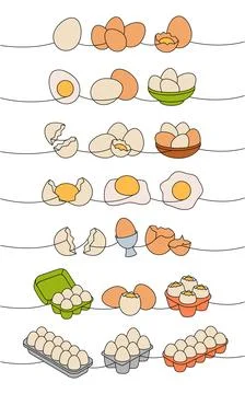 Fresh raw eggs set one line colored continuous drawing. Boiled eggs, broken Stock Illustration