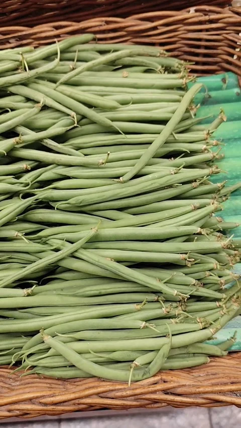 Fresh Raw Green Beans in a Wicker Market Basket Stock Footage 329386383