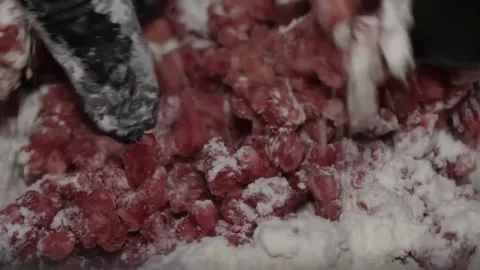 Fresh Raw Ground Beef Mince Processing with Seasoning Powder 스톡 동영상 332814476