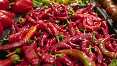Fresh Raw hot red pepper in a counter of market Stock Footage 125167790