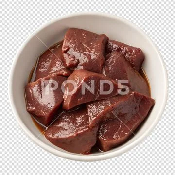Fresh raw liver chunks in white bowl isolated on transparent background PSD Template